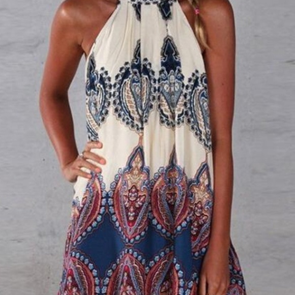 Dresses & Skirts - Printed Halter Style Dress - Self Tie Back / Bohem